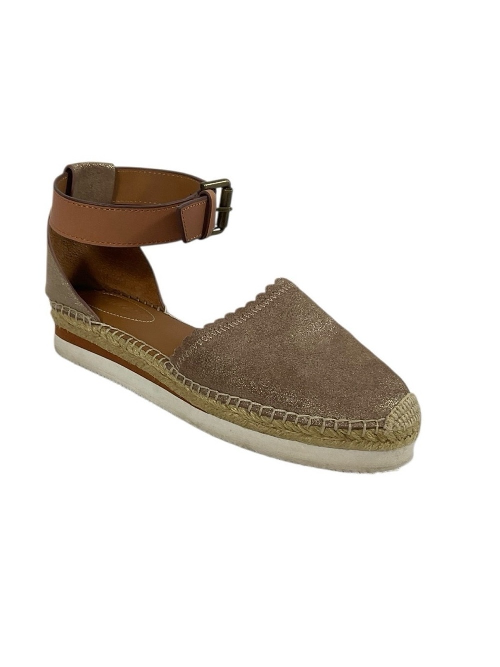 See by Chloé Metallic Suede Leather Espadrille Platform Flats Size 38